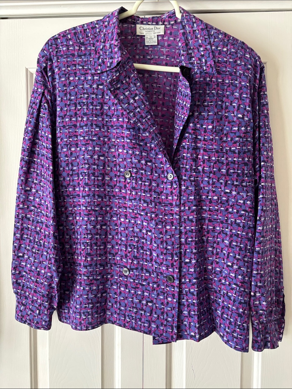 Vintage Christian Dior Purple Multi-Pattern Double Breasted Button-Down Blouse